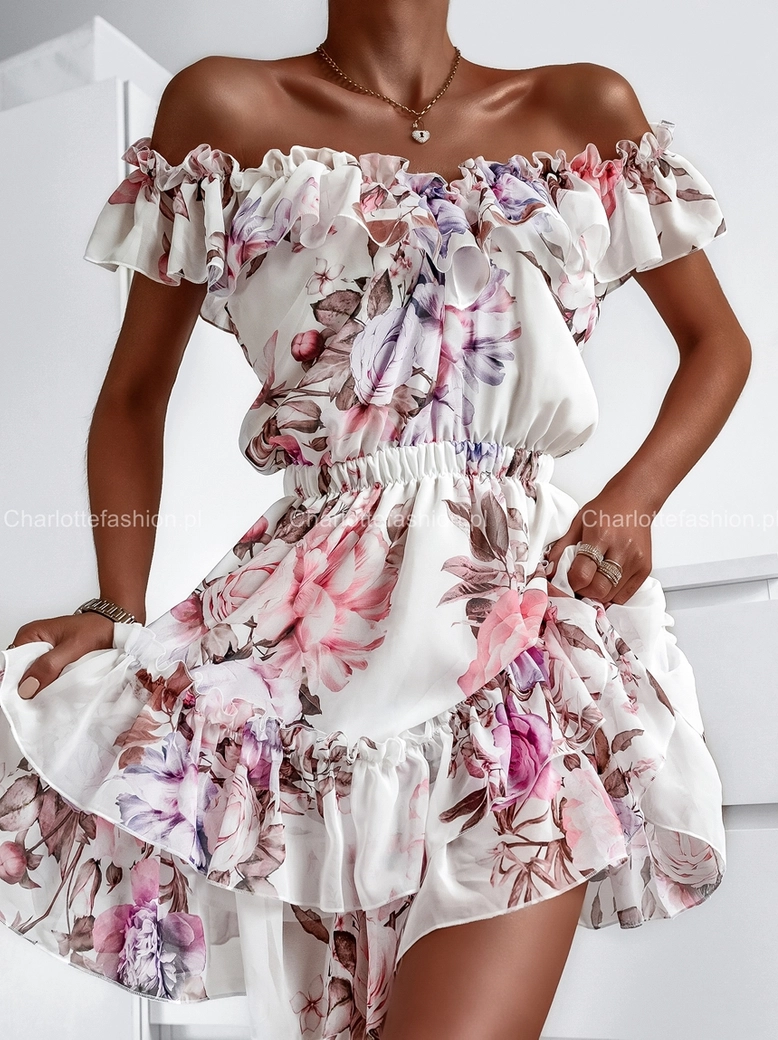 Sukienka hiszpanka biała w pudrowe kwiaty Ella A1035
